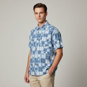 Nat Nast Men's Blue Print Short Sleeve Button Up Casual Silk Shirt‎ Size XL